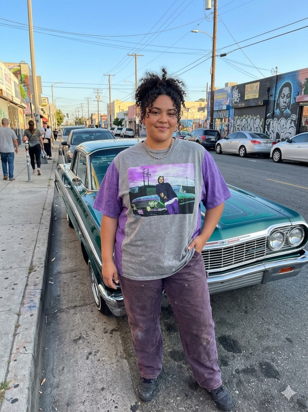 Upcycled Colorblock Ice Cube Tee in Purple and Gray